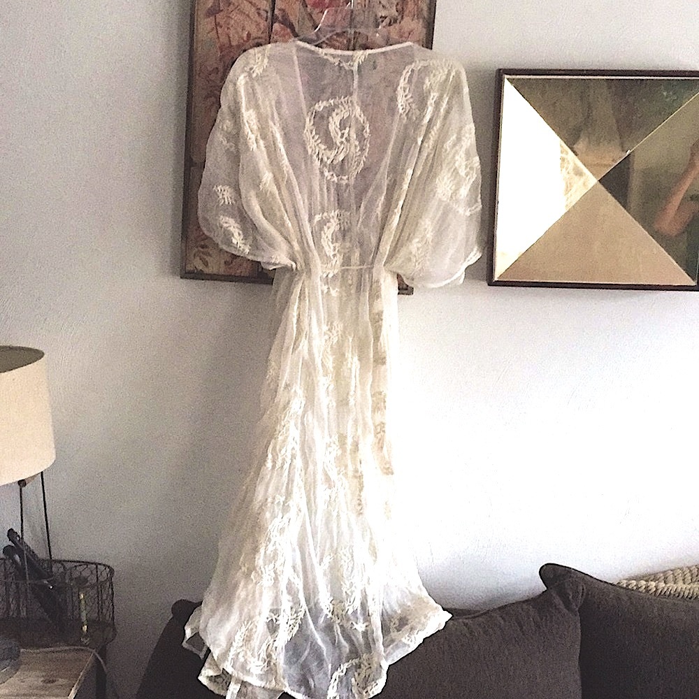 BOHO IVORY EMBROIDERED LONG KIMONO DRESS SHEER ADJUSTABLE KAFTAN S M L - Picture 4 of 12